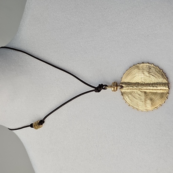 Chico's Rustic Gold Pendant Necklace wBrown Pull Cord Boho Tribal Native Ethnic - Picture 7 of 8